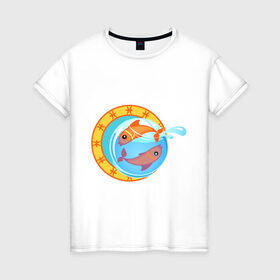 Женская футболка хлопок с принтом Крутой зодиак - Рыбы в Екатеринбурге, 100% хлопок | прямой крой, круглый вырез горловины, длина до линии бедер, слегка спущенное плечо | знаки зодиака | зодиак | рыба | рыбка | рыбы