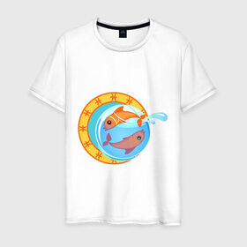 Мужская футболка хлопок с принтом Крутой зодиак - Рыбы в Екатеринбурге, 100% хлопок | прямой крой, круглый вырез горловины, длина до линии бедер, слегка спущенное плечо. | Тематика изображения на принте: знаки зодиака | зодиак | рыба | рыбка | рыбы