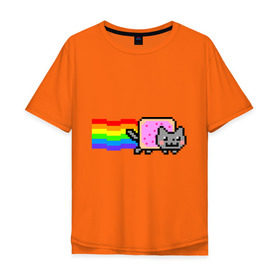 Мужская футболка хлопок Oversize с принтом Nyan Cat в Екатеринбурге, 100% хлопок | свободный крой, круглый ворот, “спинка” длиннее передней части | Тематика изображения на принте: nyan cat | интернет приколы | кошка | нян кэт