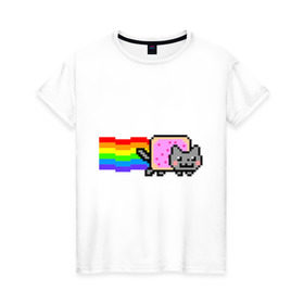 Женская футболка хлопок с принтом Nyan Cat в Екатеринбурге, 100% хлопок | прямой крой, круглый вырез горловины, длина до линии бедер, слегка спущенное плечо | nyan cat | интернет приколы | кошка | нян кэт
