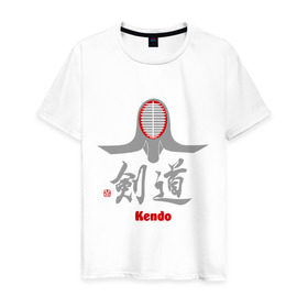 Мужская футболка хлопок с принтом Кендо маска иероглиф в Екатеринбурге, 100% хлопок | прямой крой, круглый вырез горловины, длина до линии бедер, слегка спущенное плечо. | kendo | иероглиф | кендо | кендо иероглиф | лого | маска