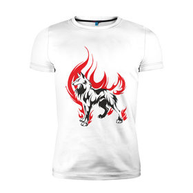 Мужская футболка премиум с принтом волк в огне в Екатеринбурге, 92% хлопок, 8% лайкра | приталенный силуэт, круглый вырез ворота, длина до линии бедра, короткий рукав | dog | wolf | волк | горящий волк | огонь | пламя | собака | узор