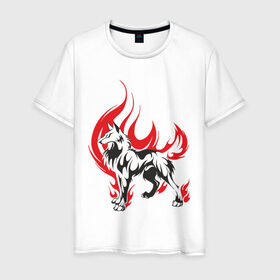 Мужская футболка хлопок с принтом волк в огне в Екатеринбурге, 100% хлопок | прямой крой, круглый вырез горловины, длина до линии бедер, слегка спущенное плечо. | dog | wolf | волк | горящий волк | огонь | пламя | собака | узор