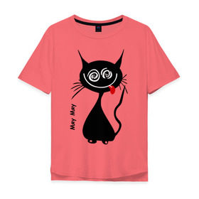 Мужская футболка хлопок Oversize с принтом Кошка Мяу в Екатеринбурге, 100% хлопок | свободный крой, круглый ворот, “спинка” длиннее передней части | кот | котенок | котик | кошка | кошка мяу | мяу | черная кошка | черный кот