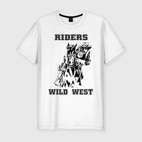 Мужская футболка премиум с принтом riders wild west в Екатеринбурге, 92% хлопок, 8% лайкра | приталенный силуэт, круглый вырез ворота, длина до линии бедра, короткий рукав | всадник | дикий запад | ездок | ковбой | лошадь | наездник | револьвер | стрелок | стрелять | техас