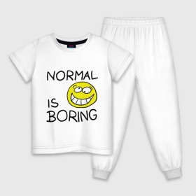 Детская пижама хлопок с принтом Normal is boring (Обыденность это скучно) в Екатеринбурге, 100% хлопок |  брюки и футболка прямого кроя, без карманов, на брюках мягкая резинка на поясе и по низу штанин
 | normal is boring | smile | обыденность это скучно | позитив | смайл | смайлик | смайлы