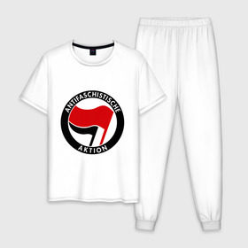 Мужская пижама хлопок с принтом Antifa (1) в Екатеринбурге, 100% хлопок | брюки и футболка прямого кроя, без карманов, на брюках мягкая резинка на поясе и по низу штанин
 | Тематика изображения на принте: antifa | антифа | антифашизм | антифашистское движение | знак антифа | против фашизма | фашизм