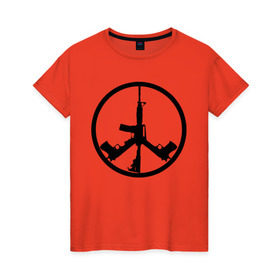 Женская футболка хлопок с принтом Мир из оружия в Екатеринбурге, 100% хлопок | прямой крой, круглый вырез горловины, длина до линии бедер, слегка спущенное плечо | автомат | ак | знак | мир | оружие | пацифика | пистолет | символ мираб ак 47