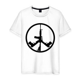 Мужская футболка хлопок с принтом Мир из оружия в Екатеринбурге, 100% хлопок | прямой крой, круглый вырез горловины, длина до линии бедер, слегка спущенное плечо. | автомат | ак | знак | мир | оружие | пацифика | пистолет | символ мираб ак 47