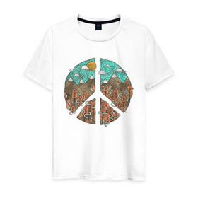 Мужская футболка хлопок с принтом Мир (Peace) в Екатеринбурге, 100% хлопок | прямой крой, круглый вырез горловины, длина до линии бедер, слегка спущенное плечо. | хиппи