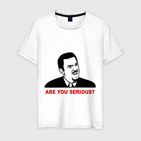 Мужская футболка хлопок с принтом ARE YOU SERIOUS? в Екатеринбурге, 100% хлопок | прямой крой, круглый вырез горловины, длина до линии бедер, слегка спущенное плечо. | 