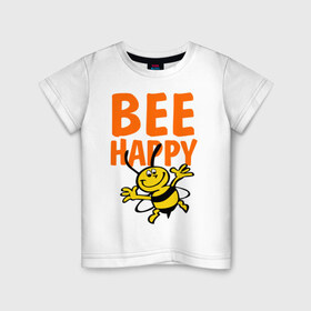 Детская футболка хлопок с принтом BeeHappy в Екатеринбурге, 100% хлопок | круглый вырез горловины, полуприлегающий силуэт, длина до линии бедер | Тематика изображения на принте: веселая | насекомое | настроение | позитив | пчела | пчелка | счастливый | счастье | эмоции