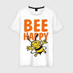 Мужская футболка хлопок с принтом BeeHappy в Екатеринбурге, 100% хлопок | прямой крой, круглый вырез горловины, длина до линии бедер, слегка спущенное плечо. | веселая | насекомое | настроение | позитив | пчела | пчелка | счастливый | счастье | эмоции