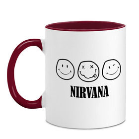 Кружка двухцветная с принтом Nirvana(2) в Екатеринбурге, керамика | объем — 330 мл, диаметр — 80 мм. Цветная ручка и кайма сверху, в некоторых цветах — вся внутренняя часть | nirvana | rock | нирвана | ребенок | рок | символика nirvana | символика нирвана
