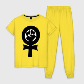 Женская пижама хлопок с принтом эмблема феминизма в Екатеринбурге, 100% хлопок | брюки и футболка прямого кроя, без карманов, на брюках мягкая резинка на поясе и по низу штанин | женщины | кулак | мужчины | отношения | феминистка
