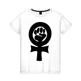 Женская футболка хлопок с принтом эмблема феминизма в Екатеринбурге, 100% хлопок | прямой крой, круглый вырез горловины, длина до линии бедер, слегка спущенное плечо | женщины | кулак | мужчины | отношения | феминистка
