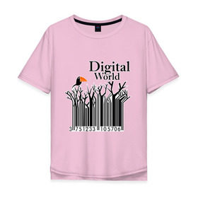 Мужская футболка хлопок Oversize с принтом Digital World в Екатеринбурге, 100% хлопок | свободный крой, круглый ворот, “спинка” длиннее передней части | digital world | деревья | птица | птичка | цифра | цифровой мир | штриф код | штрих код | штрихкод