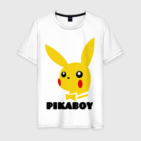 Мужская футболка хлопок с принтом PikaBoy в Екатеринбурге, 100% хлопок | прямой крой, круглый вырез горловины, длина до линии бедер, слегка спущенное плечо. | pickachu | pikaboy | playboy | pockemon | антибренд | пикабой | пикачу | плейбой | покемон