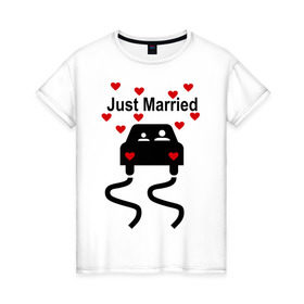 Женская футболка хлопок с принтом Молодожены в машине в Екатеринбурге, 100% хлопок | прямой крой, круглый вырез горловины, длина до линии бедер, слегка спущенное плечо | брак | жена | жениться | жених | любовь | муж | невеста | свадьба | семья | сердечки | сердца | супруга
