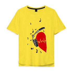 Мужская футболка хлопок Oversize с принтом Сердце в наушниках на двоих в Екатеринбурге, 100% хлопок | свободный крой, круглый ворот, “спинка” длиннее передней части | влюбленным | вместе | для влюбленных | звуки | любовь | музыка | наушники | отношения | парные | пульс | сердце