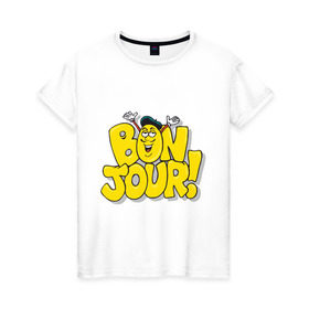 Женская футболка хлопок с принтом Bonjour - Привет! в Екатеринбурге, 100% хлопок | прямой крой, круглый вырез горловины, длина до линии бедер, слегка спущенное плечо | bon jour | бон жур | смайл | француз