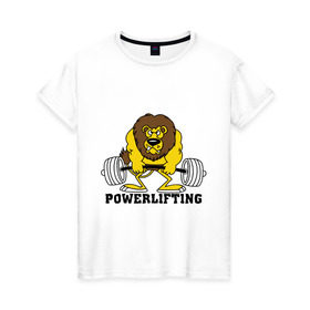 Женская футболка хлопок с принтом Лев Powerlifting в Екатеринбурге, 100% хлопок | прямой крой, круглый вырез горловины, длина до линии бедер, слегка спущенное плечо | бодибилдинг | гантеля | кач | качалочка | качок | лев | мускулы | мышцы | пауэрлифтинг | тренажерка