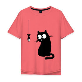 Мужская футболка хлопок Oversize с принтом Кот и рыба в Екатеринбурге, 100% хлопок | свободный крой, круглый ворот, “спинка” длиннее передней части | киса | киска | котенок | котик | котэ | кошка | рыбка