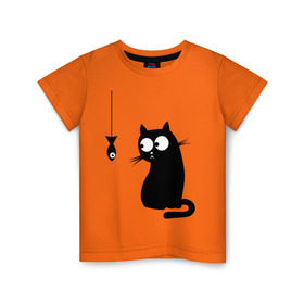 Детская футболка хлопок с принтом Кот и рыба в Екатеринбурге, 100% хлопок | круглый вырез горловины, полуприлегающий силуэт, длина до линии бедер | Тематика изображения на принте: киса | киска | котенок | котик | котэ | кошка | рыбка