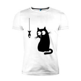 Мужская футболка премиум с принтом Кот и рыба в Екатеринбурге, 92% хлопок, 8% лайкра | приталенный силуэт, круглый вырез ворота, длина до линии бедра, короткий рукав | киса | киска | котенок | котик | котэ | кошка | рыбка