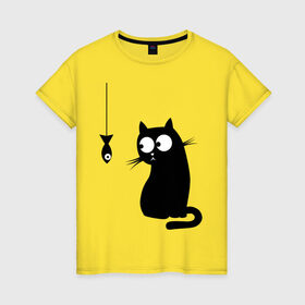 Женская футболка хлопок с принтом Кот и рыба в Екатеринбурге, 100% хлопок | прямой крой, круглый вырез горловины, длина до линии бедер, слегка спущенное плечо | киса | киска | котенок | котик | котэ | кошка | рыбка