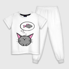 Детская пижама хлопок с принтом Кот и рыбка (2) в Екатеринбурге, 100% хлопок |  брюки и футболка прямого кроя, без карманов, на брюках мягкая резинка на поясе и по низу штанин
 | девушкам | киса | котенок | котик | кошка | кошки | рыба | серый кот