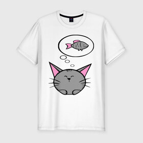 Мужская футболка премиум с принтом Кот и рыбка (2) в Екатеринбурге, 92% хлопок, 8% лайкра | приталенный силуэт, круглый вырез ворота, длина до линии бедра, короткий рукав | девушкам | киса | котенок | котик | кошка | кошки | рыба | серый кот
