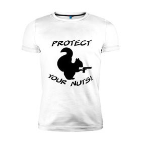 Мужская футболка премиум с принтом Protect your nuts в Екатеринбурге, 92% хлопок, 8% лайкра | приталенный силуэт, круглый вырез ворота, длина до линии бедра, короткий рукав | белка | белочка | вооруженная | защищай | зверь | орехи | оружие | пистолет | свои