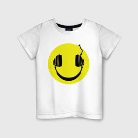 Детская футболка хлопок с принтом Смайлик-наушники в Екатеринбурге, 100% хлопок | круглый вырез горловины, полуприлегающий силуэт, длина до линии бедер | Тематика изображения на принте: smile | наушники | смайл | смайлик | смайлики | улыбка