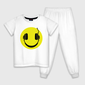 Детская пижама хлопок с принтом Смайлик-наушники в Екатеринбурге, 100% хлопок |  брюки и футболка прямого кроя, без карманов, на брюках мягкая резинка на поясе и по низу штанин
 | Тематика изображения на принте: smile | наушники | смайл | смайлик | смайлики | улыбка