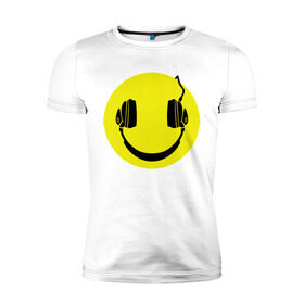 Мужская футболка премиум с принтом Смайлик-наушники в Екатеринбурге, 92% хлопок, 8% лайкра | приталенный силуэт, круглый вырез ворота, длина до линии бедра, короткий рукав | Тематика изображения на принте: smile | наушники | смайл | смайлик | смайлики | улыбка