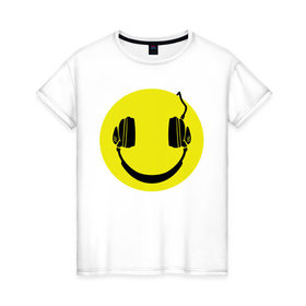 Женская футболка хлопок с принтом Смайлик-наушники в Екатеринбурге, 100% хлопок | прямой крой, круглый вырез горловины, длина до линии бедер, слегка спущенное плечо | Тематика изображения на принте: smile | наушники | смайл | смайлик | смайлики | улыбка