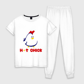 Женская пижама хлопок с принтом Hot Chick в Екатеринбурге, 100% хлопок | брюки и футболка прямого кроя, без карманов, на брюках мягкая резинка на поясе и по низу штанин | горячая | курица | курочка | цыпленок | чика
