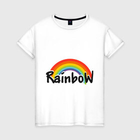 Женская футболка хлопок с принтом Радуга (надпись) в Екатеринбурге, 100% хлопок | прямой крой, круглый вырез горловины, длина до линии бедер, слегка спущенное плечо | rainbow | краски | радуга | цвета