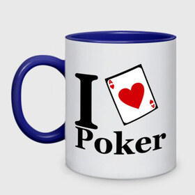Кружка двухцветная с принтом poker love в Екатеринбурге, керамика | объем — 330 мл, диаметр — 80 мм. Цветная ручка и кайма сверху, в некоторых цветах — вся внутренняя часть | i love poker | poker | азартные игры | карта | название меняем на  life with pokerлюблю покер | покер | туз | туз черви | я люблю покер