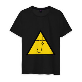 Мужская футболка хлопок с принтом Значок рыбака в Екатеринбурге, 100% хлопок | прямой крой, круглый вырез горловины, длина до линии бедер, слегка спущенное плечо. | знак | знак рыбака | крючок | рыбак | рыбалка | удочка | улов