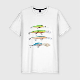Мужская футболка премиум с принтом Приманки в Екатеринбурге, 92% хлопок, 8% лайкра | приталенный силуэт, круглый вырез ворота, длина до линии бедра, короткий рукав | Тематика изображения на принте: для рыбаков | крючок | наживка | наживки | приманка | рыба | рыбак | рыбакам | рыбалка