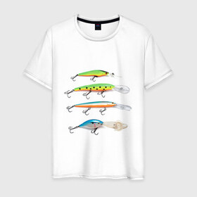 Мужская футболка хлопок с принтом Приманки в Екатеринбурге, 100% хлопок | прямой крой, круглый вырез горловины, длина до линии бедер, слегка спущенное плечо. | Тематика изображения на принте: для рыбаков | крючок | наживка | наживки | приманка | рыба | рыбак | рыбакам | рыбалка