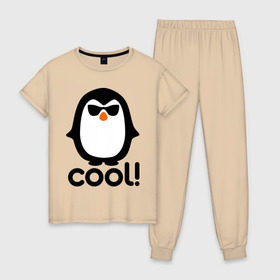 Женская пижама хлопок с принтом Стильный клевый крутой пингвин в Екатеринбурге, 100% хлопок | брюки и футболка прямого кроя, без карманов, на брюках мягкая резинка на поясе и по низу штанин | пингвин