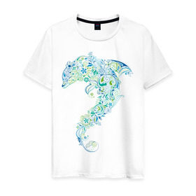 Мужская футболка хлопок с принтом Абстрактный дельфин в Екатеринбурге, 100% хлопок | прямой крой, круглый вырез горловины, длина до линии бедер, слегка спущенное плечо. | абстрактный дельфин | дельфин | животные | морские животные | орнамент | рисунок | цветочный орнамент