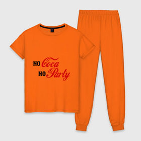 Женская пижама хлопок с принтом No Coca No Party в Екатеринбурге, 100% хлопок | брюки и футболка прямого кроя, без карманов, на брюках мягкая резинка на поясе и по низу штанин | club | coca cola | party | вечеринка | клуб | клубные | кола