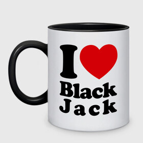 Кружка двухцветная с принтом I love black jack в Екатеринбурге, керамика | объем — 330 мл, диаметр — 80 мм. Цветная ручка и кайма сверху, в некоторых цветах — вся внутренняя часть | 21 | black jack | i love | i love black jack | блэк джек | карточный игры | карты | покер | я люблю
