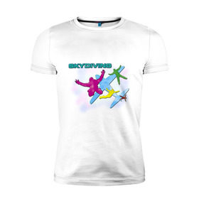 Мужская футболка премиум с принтом SkyDiving принт в Екатеринбурге, 92% хлопок, 8% лайкра | приталенный силуэт, круглый вырез ворота, длина до линии бедра, короткий рукав | sky diving | воздушный | параплан | парашут | парашют | прыжки | самолет | скай дайвинг | скайдайвинг