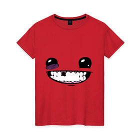 Женская футболка хлопок с принтом Super Meat Boy: Face в Екатеринбурге, 100% хлопок | прямой крой, круглый вырез горловины, длина до линии бедер, слегка спущенное плечо | зубастик | зубы | игра | компьютерные игры | лицо | рожа | рожица