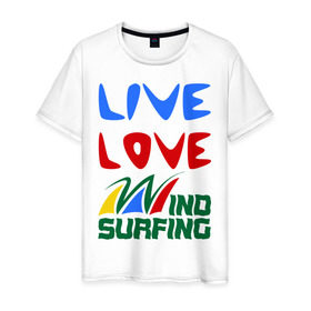 Мужская футболка хлопок с принтом Виндсерфинг в Екатеринбурге, 100% хлопок | прямой крой, круглый вырез горловины, длина до линии бедер, слегка спущенное плечо. | live | love | sport | wind surfing | windsurfing | экстремальный | экстрим
